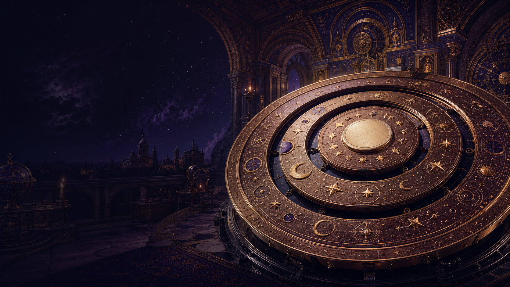Three engraved celestial coin dies inside a midnight observatory mint